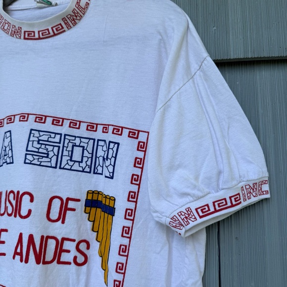 Vintage White Ringer Tee, Music of the Andes Shirt, Peru, M/L - Picture 3 of 9
